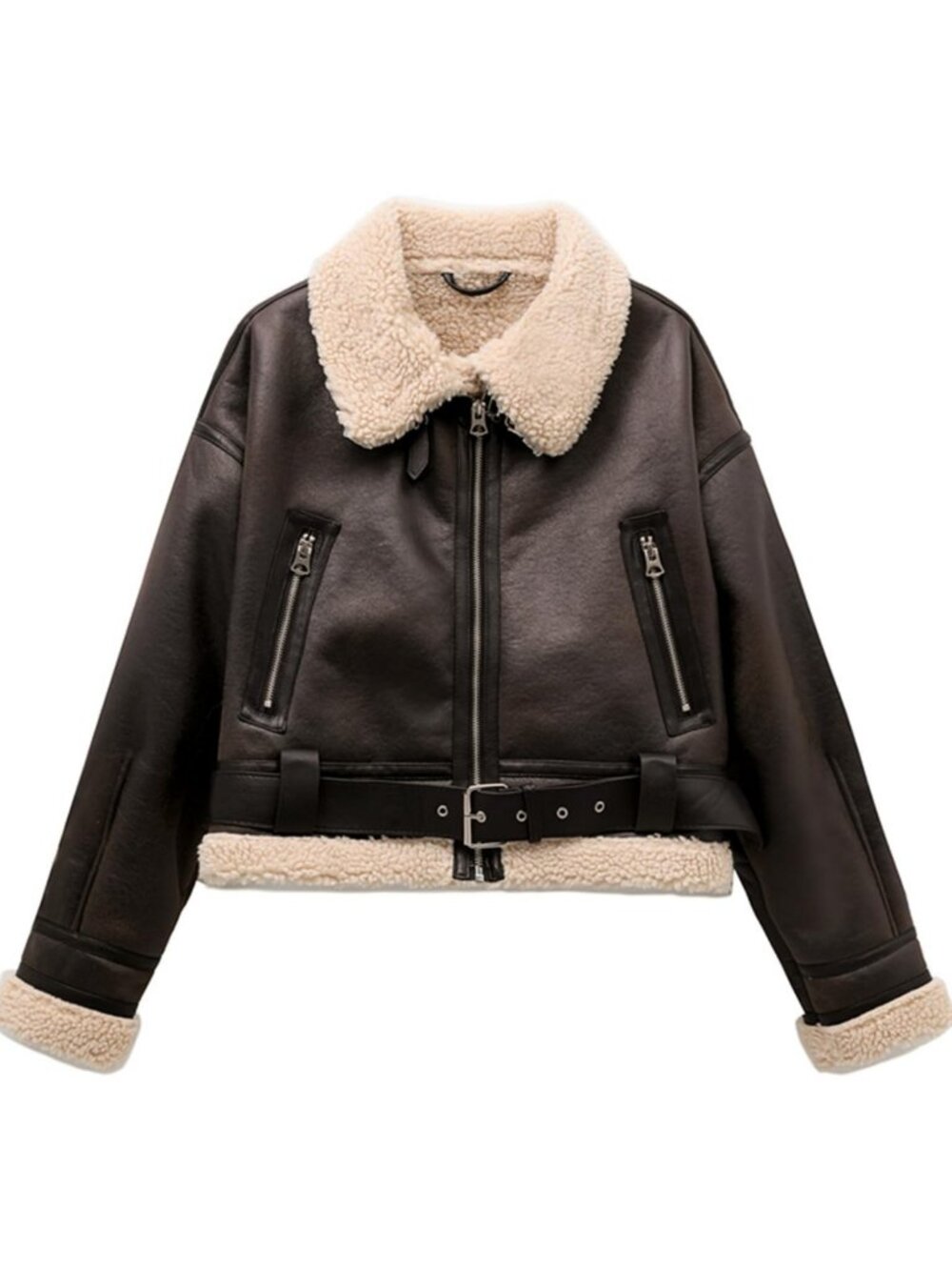 Cozy Faux Lamb Fur Leather Short Jacket for Women - Stylish Lapel Zipper Bomber